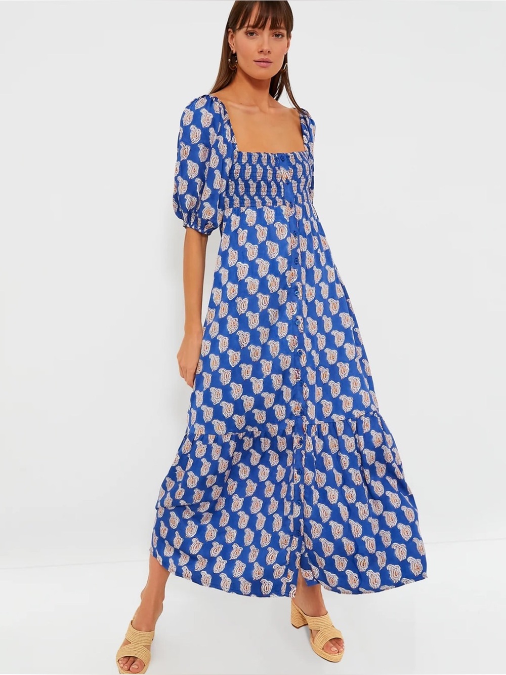EMERSON FRY | Santiago Maxi Dress in Blue Paisley Flower Satin, Size XS/S
